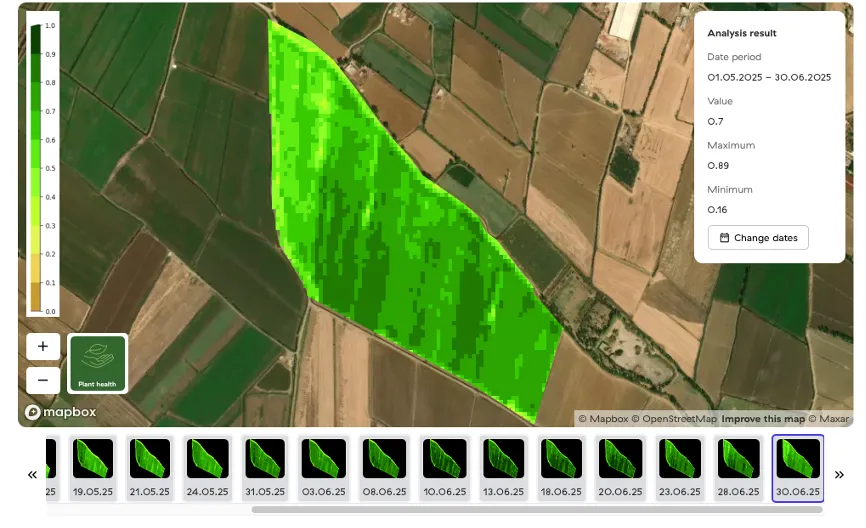 Skjermbilde: Feltkartoversikt med satellittanalyse
