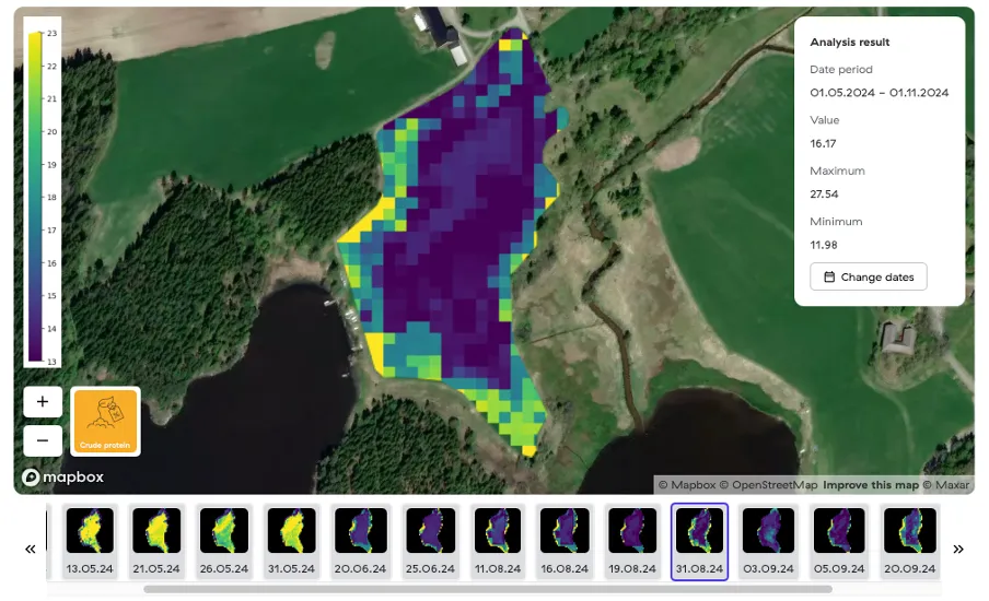 Satellittanalyse: Tørrstoffkart for eng
