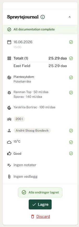 Ferdig ført sprøytejournal i Agdir med preparater, dose og værforhold